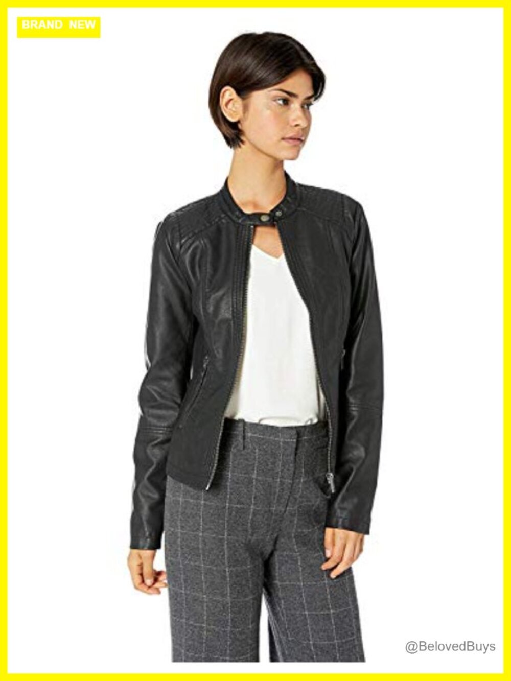 Women's Faux Leather Moto Jacket with Front Zip Pockets
